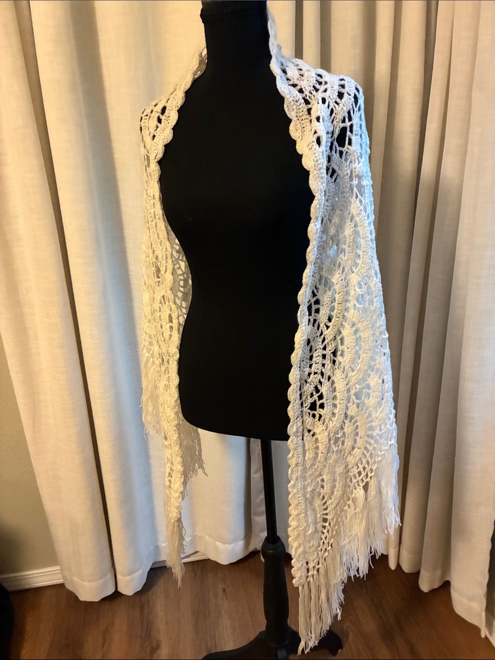 Crochet Fringe Shawl Scarf in Ivory